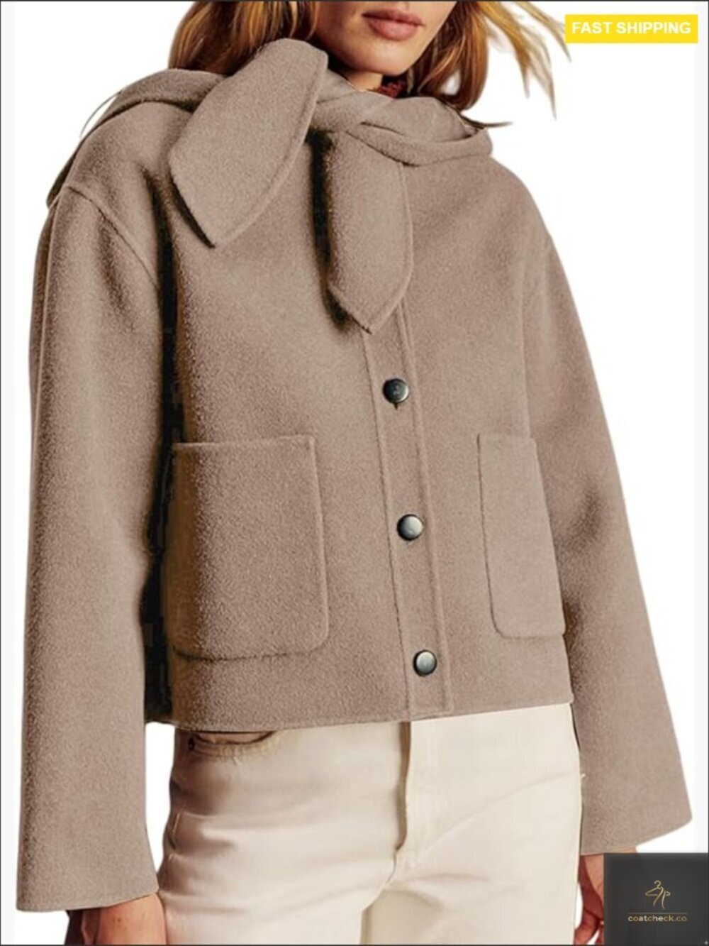 Cropped Pea Coat Wool Blend Button Down Hoodie Chic Classic Outerwear